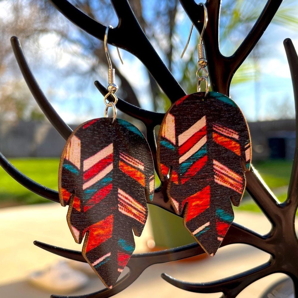 Large retro feather stripe drop earrings dangle wood wooden New 60s 70s gift
